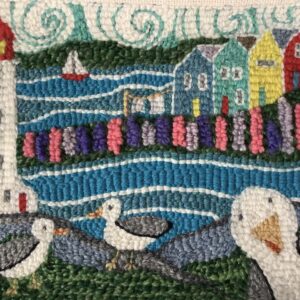 East coast punch needle art by Annette Lewis with a photo-bombing seagull